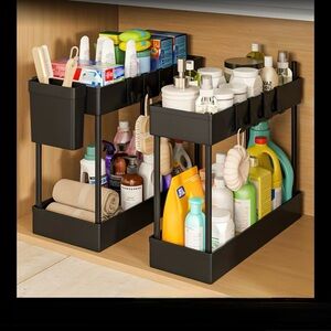 2-Pack Black 2-Tier Under Sink Organizers w/ Hooks & Hanging Cup - New in Box